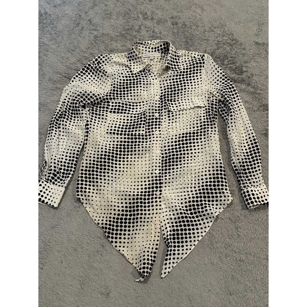 Scilla by Dora Landa Silk Button Up Blouse Womens PXS Petite Black White Dots
